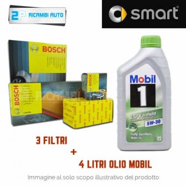 Kit tagliando 3 FILTRI BOSCH + 4 LT OLIO MOBIL 5W-30 MCC SMART (451) 1.0 BENZINA Kit tagliando 3 FILTRI BOSCH + 4 LT OLIO MOBIL 5W-30 MCC SMART (451) 1.0 BENZINA